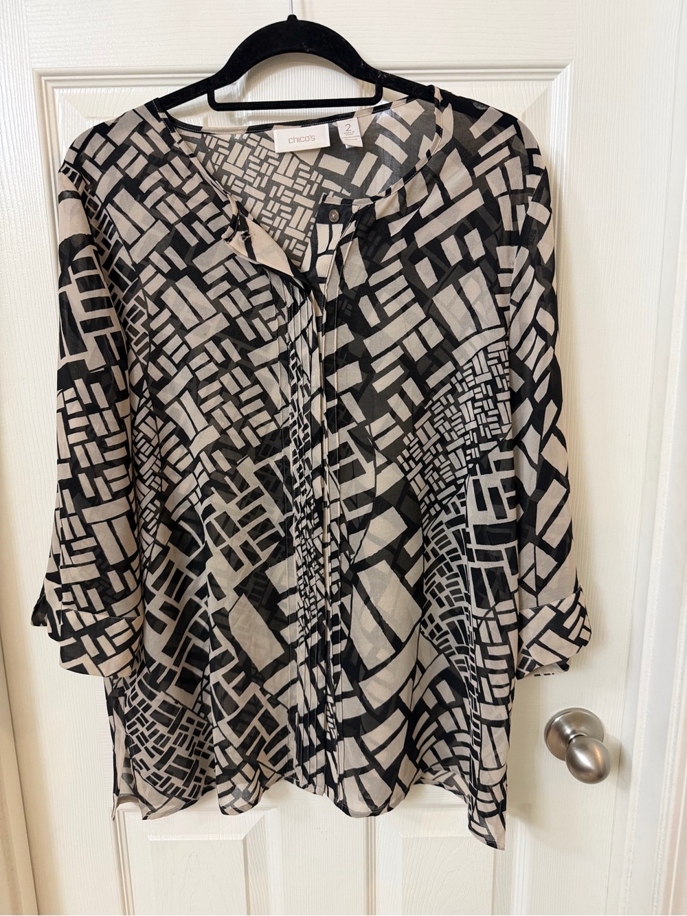 Chico's Black and Cream Geometric Button-Front Tunic